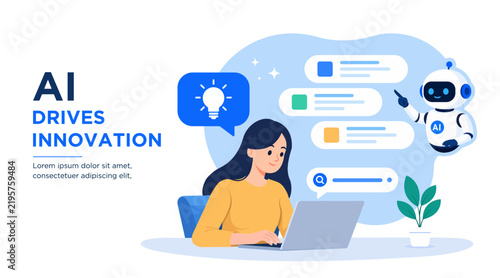 AI technology vector illustration showing a woman using a laptop to explore work ideas, assisted by an AI robot pointing to digital icons, data, and productivity information. flat design