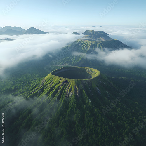 Aerial View of Volcanic Peak and Crater Rising Above Sea of Clouds