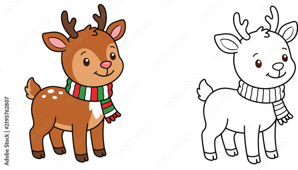 Obraz premium Cute Christmas Reindeer with Winter Scarf Coloring Book Page Vector Illustration