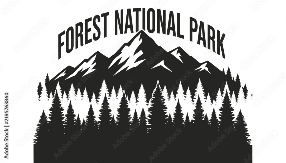 Fototapeta premium Forest national park logo design featuring high mountain peaks and pine tree silhouettes in black and white style.