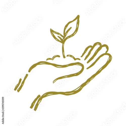Minimalist hand drawn line art illustration of a small green sprout held in human palm