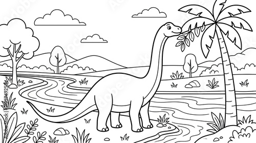 Dinosaur in Prehistoric Landscape Line Drawing