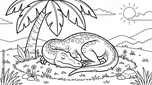 Dinosaur Resting in Prehistoric Landscape