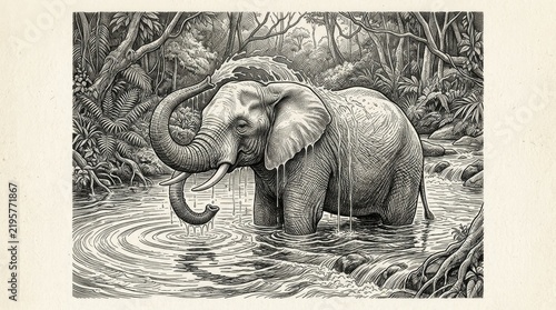 Elephant in a Stream With Jungle Foliage