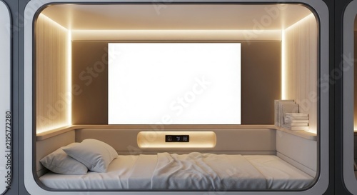 Modern and minimalist interior of a futuristic capsule hotel room with a comfortable bed, ambient lighting, and a large blank screen for entertainment.