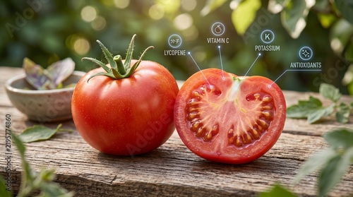 Fresh ripe red tomato sliced with nutritional benefits infographics on wooden table in garden