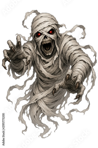 Spooky cartoon-style illustration of a mummy wrapped in bandages (Halloween monster image) in PNG format with a transparent background.