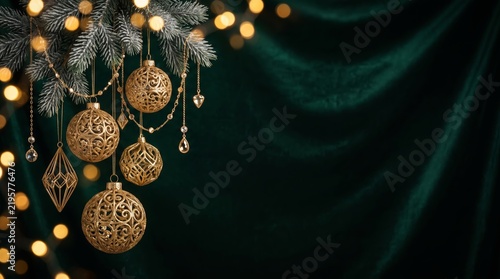 Elegant Gold Christmas Ornaments on Evergreen Branches with Copy Space