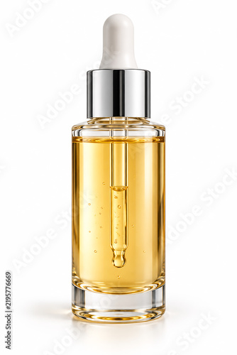 Clear Glass Dropper Bottle with Silver Cap Holding Serum Liquid, Cosmetic and Beauty Packaging Mockup