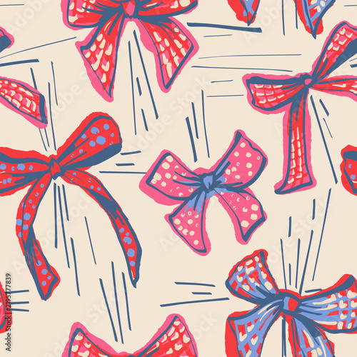 Seamless vector pattern with red and pink polka dot bows. Perfect for holiday gift wrap, vibrant textiles, party packaging, and festive celebration designs.