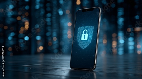Smartphone with a security lock symbol on the screen in a digital environment
