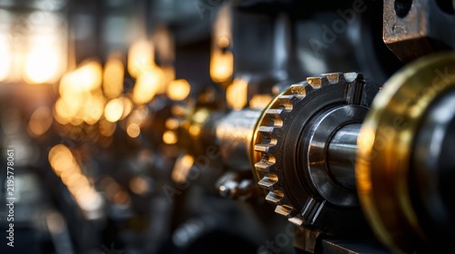 Close view of metal gears in a machine workshop during late afternoon