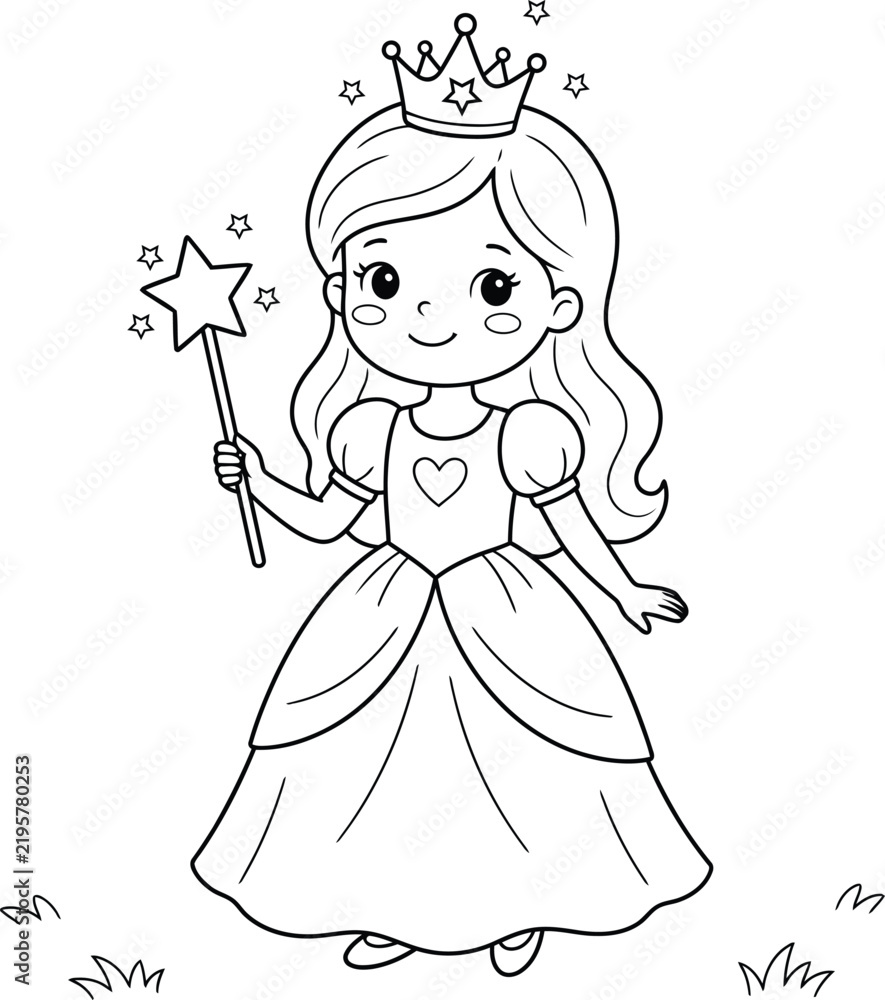 Fototapeta premium Cute little princess with magic wand and crown sketch isolated on transparent background