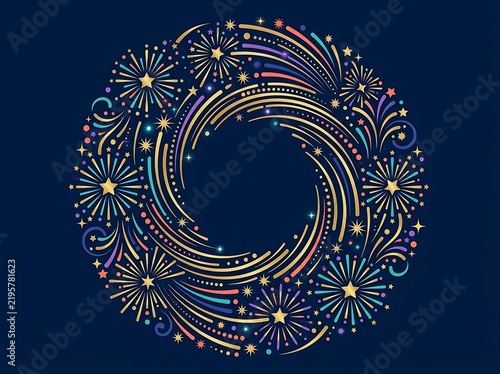 Festive circular frame of golden fireworks and colorful light trails on a dark blue background, perfect for holiday celebrations and new year designs