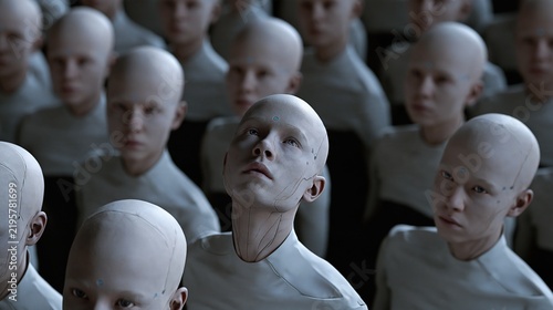Foule de clones humanoïdes identiques au crâne chauve levant les yeux vers le ciel