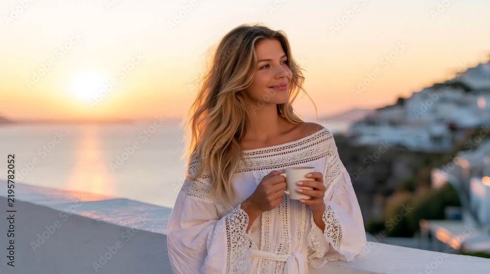 Obraz premium Woman enjoying coffee at sunset in santorini greece