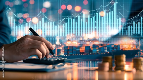 Hand calculating finance data with global trade logistics