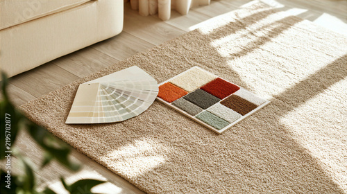 Interior design sample board and color swatch fan arranged on beige rug in warm sunlight, creating calm residential mood for material selection and home decoration planning