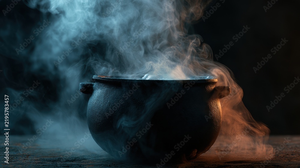 Obraz premium Black cast iron pot with swirling thick smoke emanating from top creating mystical and eerie atmosphere on dark surface