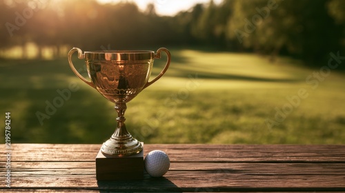 Shiny golden trophy cup with handles next to white golf ball on wooden table in bright sunlight at golf course