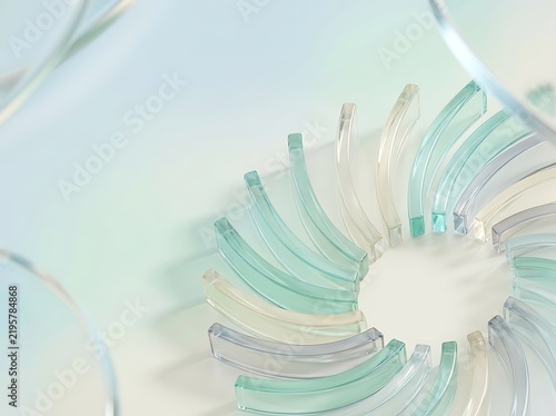 Abstract glass curved rods arranged in a circular radial pattern on gradient background