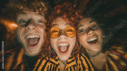Three excited friends with curly hair smile widely against a blurred background.