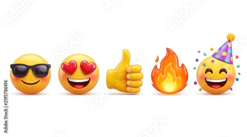 Five 3D emoji characters including sunglasses heart eyes thumbs up fire and party face isolated on white background