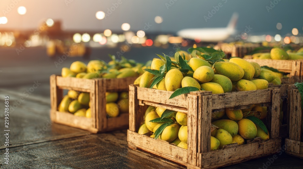 Obraz premium Crates of fresh mangoes await global shipping at an airport during the early evening hours