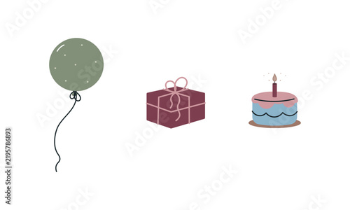  Set with gift, balloon, cake. Flat cartoon vector illustration isolated on white background. Carnival, birthday, party, festival decoration.
