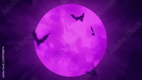 Neon cyberpunk black bats swarming around giant glowing purple moon, electric pink cyan accents