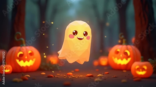 Low-poly cute glowing ghosts floating between orange pumpkins in forest, bright faceted style