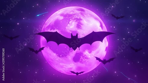 Neon bat swarm flying across giant purple full moon, cyber style