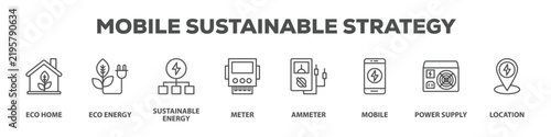 Mobile Sustainable Strategy with icon of Eco home, Eco energy, Sustainable energy, Meter, Ammeter, Mobile, Power supply, Location