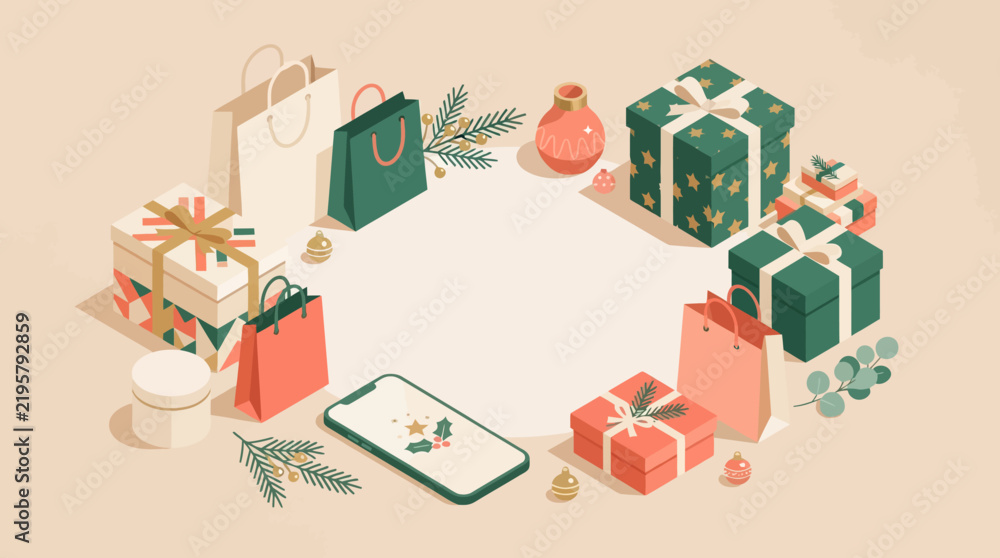 Naklejka premium Isometric illustration of holiday shopping with gift boxes, shopping bags, and smartphone on a beige background