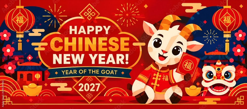 Naklejka premium Modern Chinese New Year 2027 banner. Stylized geometric shape goat. Red, gold, and blue festive composition. Contemporary Asian celebration artwork Typography horizontal layout for digital print 