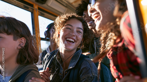 Laughing teens and friends sharing music on a sunny school bus ride after class