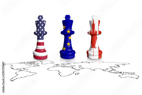 Chess made from US, Canada and EU flags on a world map