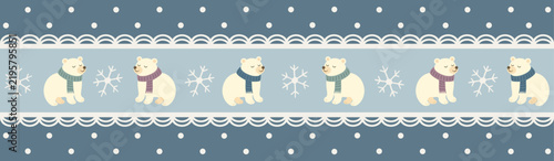 Cute Polar Bear Winter Banner with Snowflakes, Lace and Polka Dots on Dusty Blue Background, Cozy Scandinavian Design