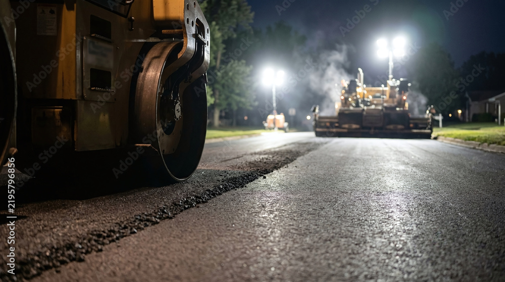 Fototapeta premium Road roller drum compacting hot asphalt at night