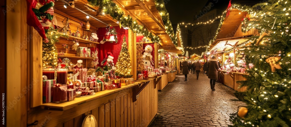 Fototapeta premium Christmas market stalls illuminating festive holiday decorations at night, banner