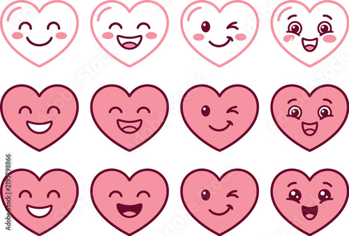 Set of cute pink heart icons with various happy facial expressions and emotions