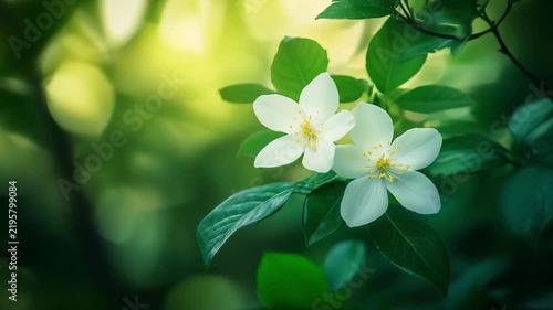 White flowers grow among green leaves in a garden during spring with bright light shining through