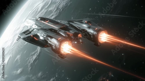 A spaceship moves swiftly through space, firing glowing engines while exploring a distant galaxy