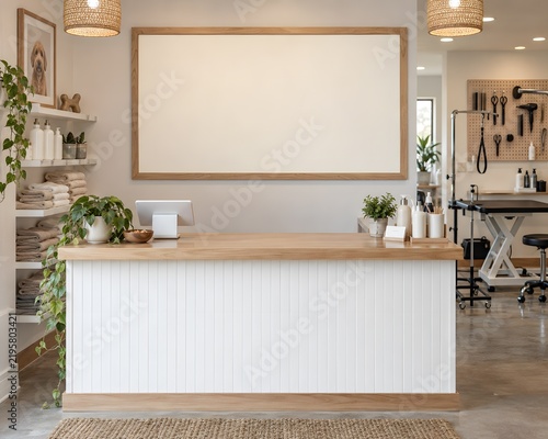 Clean Dog Grooming Salon Reception with Large Blank Sign Wooden Counter Towels Pet Products and Grooming Workstation
