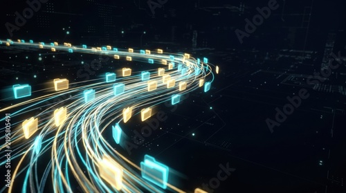 Futuristic cloud data migration showing Fiber optic data stream transpor uploading digital streams into enterprise server racks