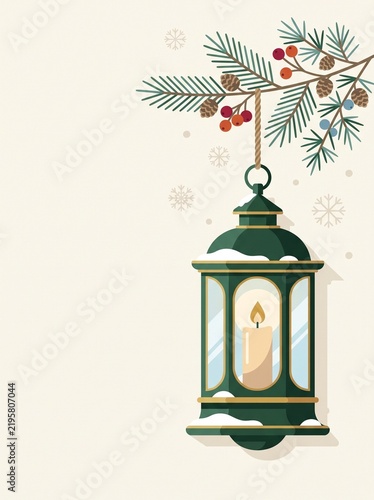 a flat vector illustration of a hanging lantern and pine branch for a christmas greeting