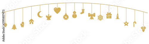 Hanging gold glitter Christmas ornaments on arch garland border. Festive holiday decorations silhouettes. Transparent background