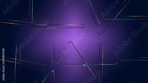 Geometric glass shapes on purple background for abstract technology concept.