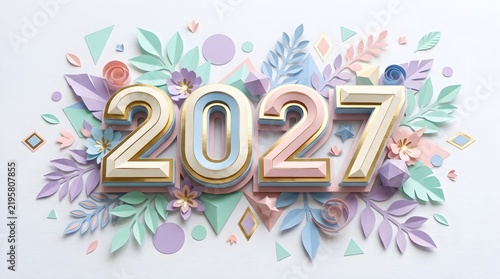 Elegant 2027 Paper Craft Typography with Gold Foil Geometric Decorations.
