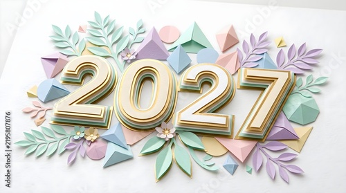 Elegant 2027 Paper Craft Typography with Gold Foil Geometric Decorations.